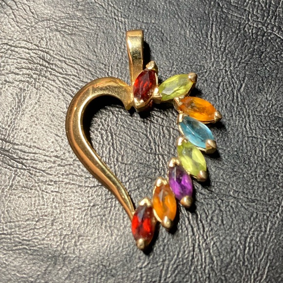 14k Yellow Gold Heart Pendant with Multiple Semi-Precious Stones - Picture 1 of 3